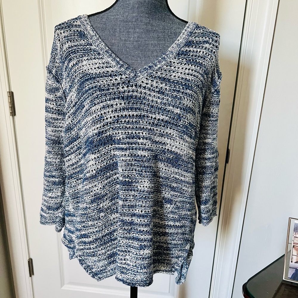 Michael Stars Womens Medium Sweater Top Pullover Blue White Knit Cotton Blend M